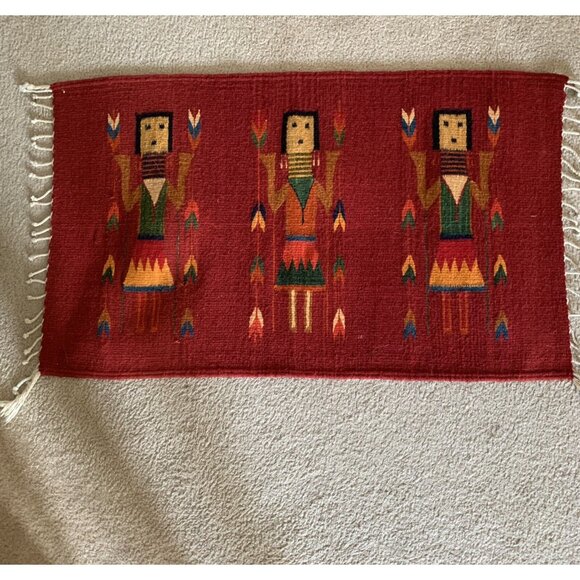 Vintage Zapotec Rug Women of the Cornfield Red Hand Woven Wool 23 x 41 Fringed - Picture 10 of 13